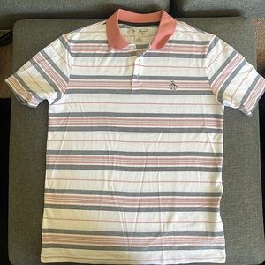 Medium. Original Penguin Pink,grey, white stripped polo